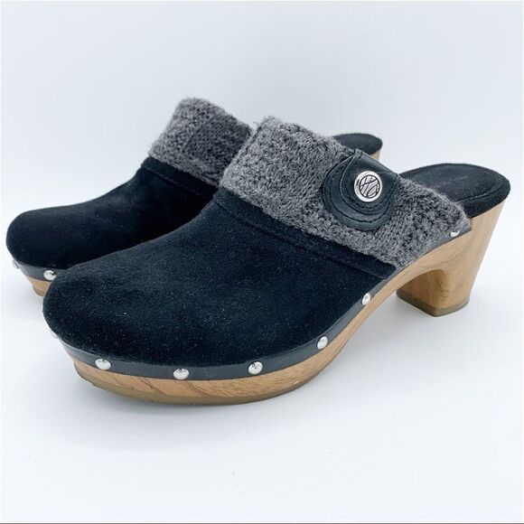 Style & Co Wooden‎ Heeled Black Suede Clog with Knitted Trim and Silver Tag - Picture 3 of 13